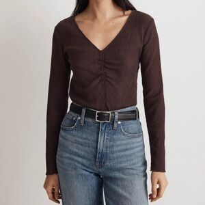 Madewell Semi-Sheer‎ Shirred V-Neck Top Chocolate Raisin size XXS NM646